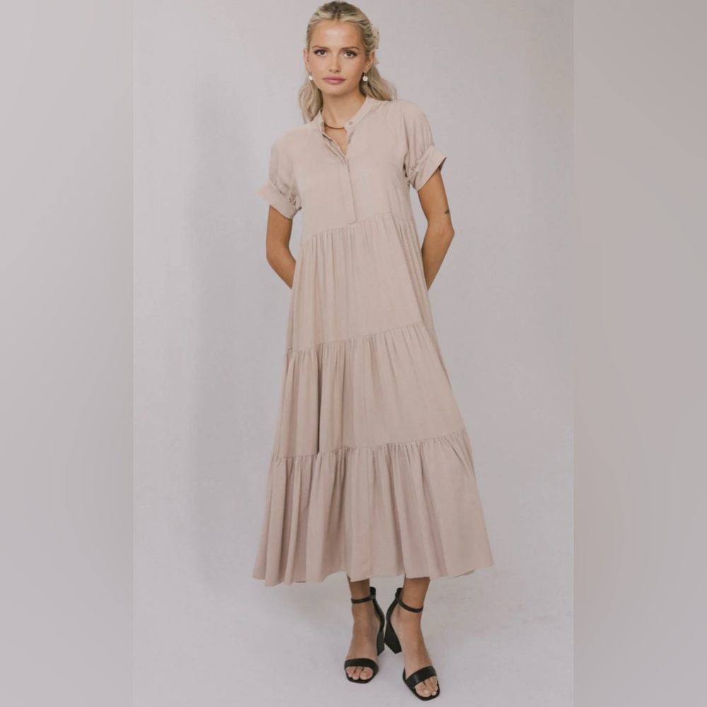 Casual Tan Tiered Midi Sundress